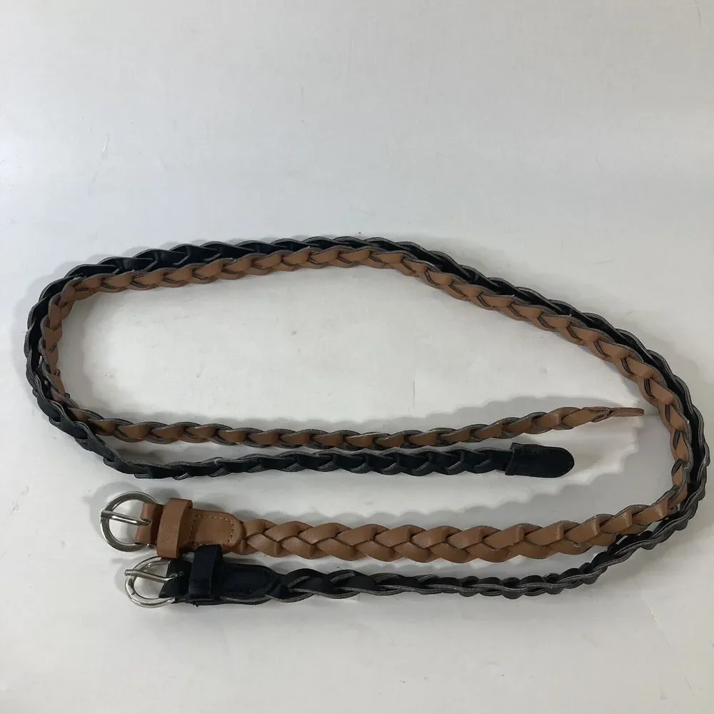 Lot of 2 Woven‎ Braided Leather Women's Belt Size 10 Black Brown length 44